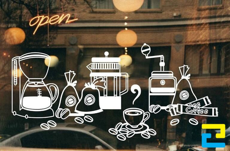 In hình trang trí kính cửa hàng bán cà phê