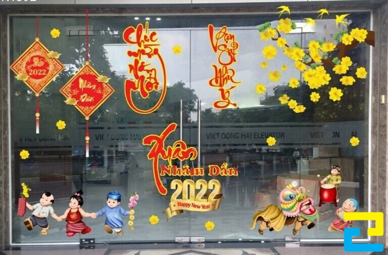 Mẫu Decal chúc mừng năm mới 2022, các hoạt động vui tết, mai vàng