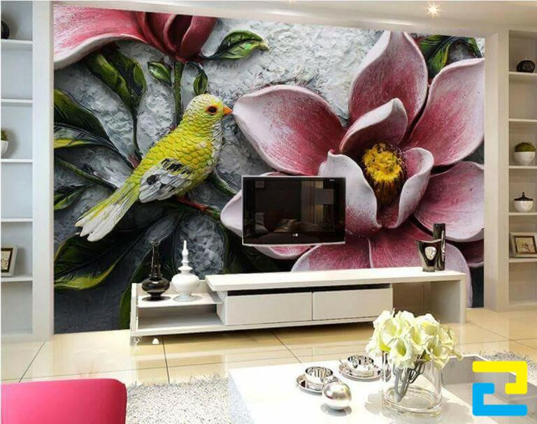 Mẫu Decal 3D hình hoa và chim dán tường