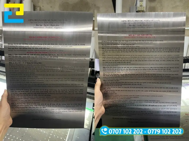 Bảng nội quy, tiêu lệnh chữa cháy rõ nét khi in UV lên inox