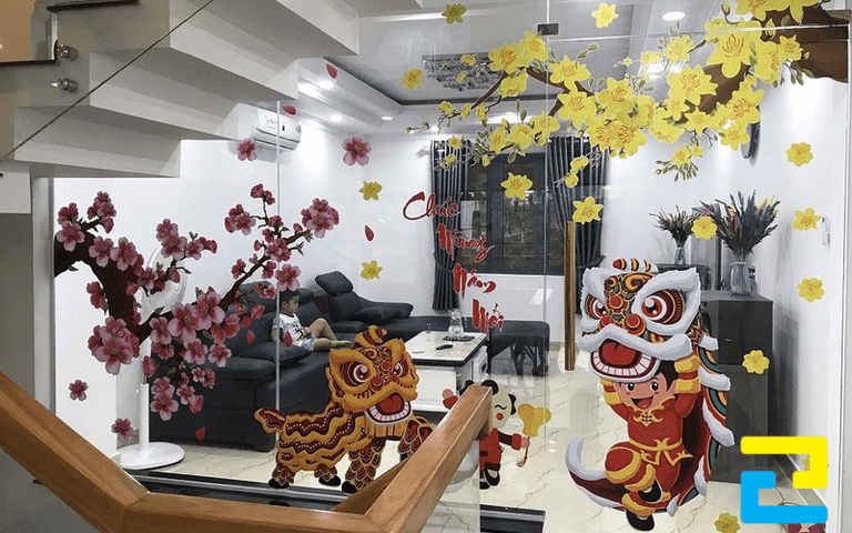 Mẫu Decal múa lân, hoa mai, hoa đào và câu Chúc Mừng Năm Mới
