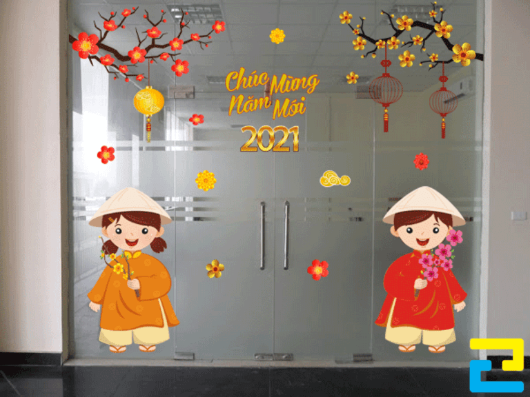 Mẫu Decal trang trí hình hai em bé mặc áo dài đón năm mới