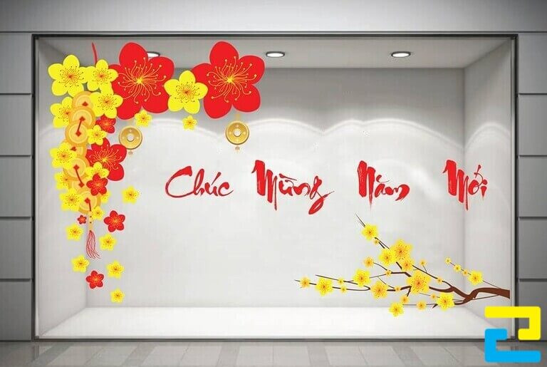 Mẫu Decal trang trí chữ Chúc Mừng Năm Mới và hoa mai khoe sắc