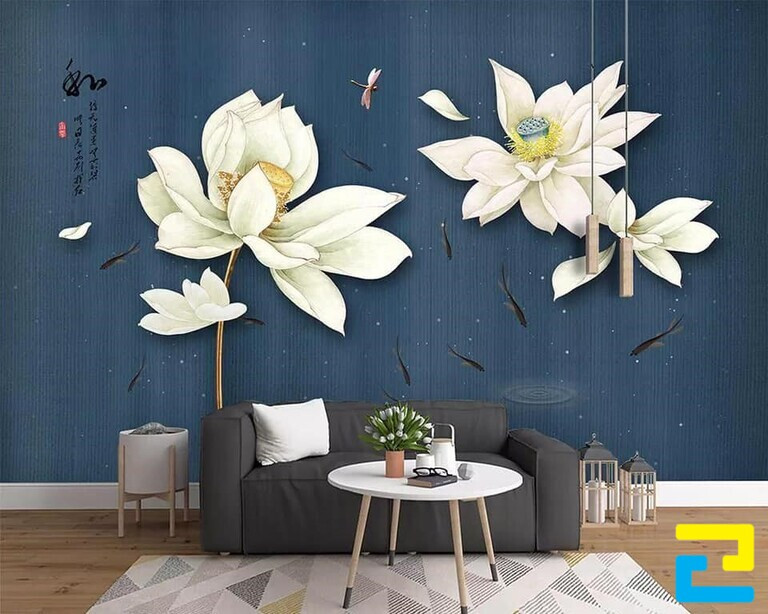 Mẫu Decal 3D hoa sen trắng dán tường
