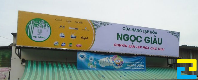 In biển hiệu quảng cáo cửa hàng tạp hóa Ngọc Giàu