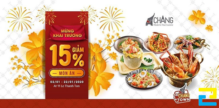 Banner chúc mừng khai trương nhà hàng Chang, giảm 15% món ăn