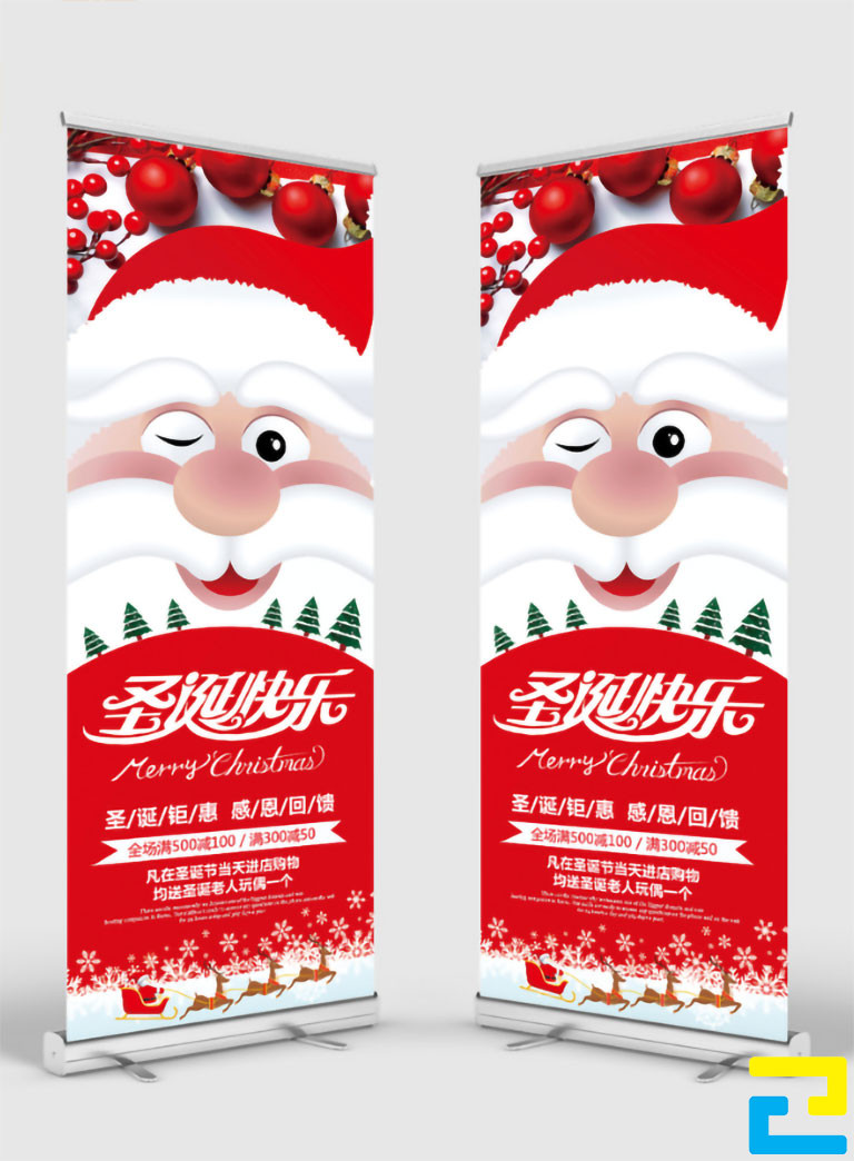 Mẫu 1: Standee dịp Giáng Sinh được thiết kế với hình ảnh ông già Noel, quả châu, cây thông Noel, kết hợp với kiểu chữ nghệ thuật