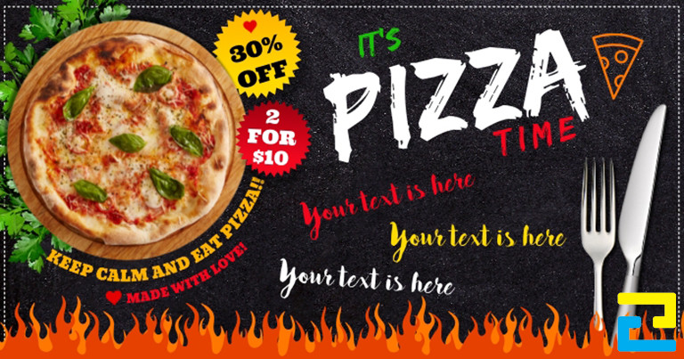 Mẫu 14: Banner quảng cáo thức ăn được thiết kế với hình ảnh pizza đẹp mắt, có kiểu chữ đơn giản, tông màu đen chủ đạo