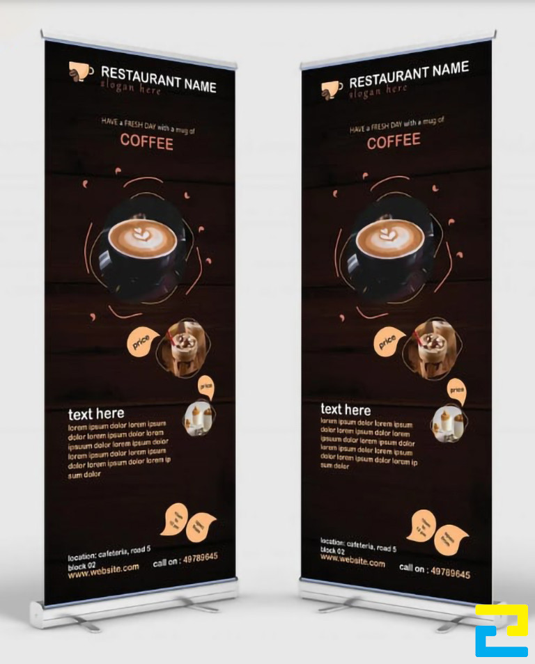 Mẫu 1: Sản phẩm in standee quảng cáo cà phê được thiết kế với tông màu nâu đen chủ đạo, hình ảnh ly cà phê đẹp mắt