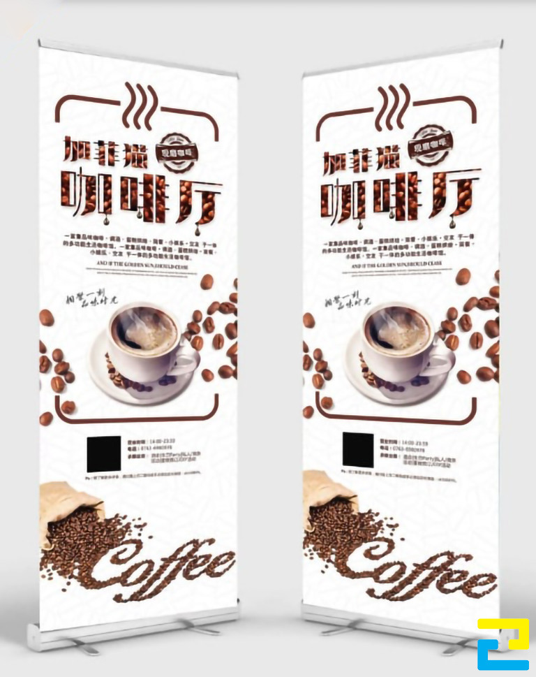Mẫu 4: Sản phẩm in standee quảng cáo cà phê được thiết kế với tông màu trắng chủ đạo, kết hợp với hình ảnh hạt cà phê, ly cà phê