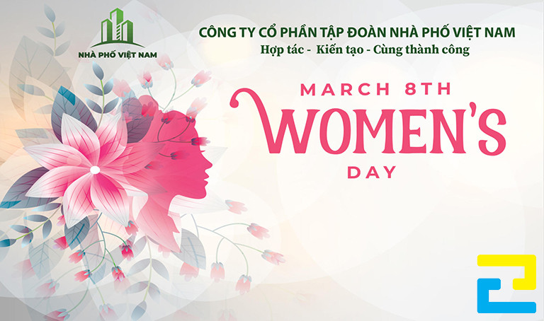 Mẫu 1: Backdrop 8/3 được thiết kế với hình ảnh minh họa đẹp mắt, có kiểu chữ đơn giản, tông màu trắng đẹp sang trọng