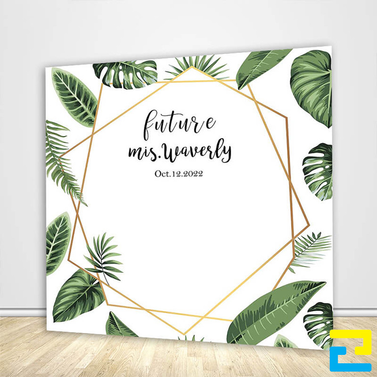 Mẫu 12: Backdrop lễ cưới được thiết kế viền lá với bố cục đẹp mắt, có kiểu chữ nghệ thuật - đơn giản, tông màu trắng chủ đạo