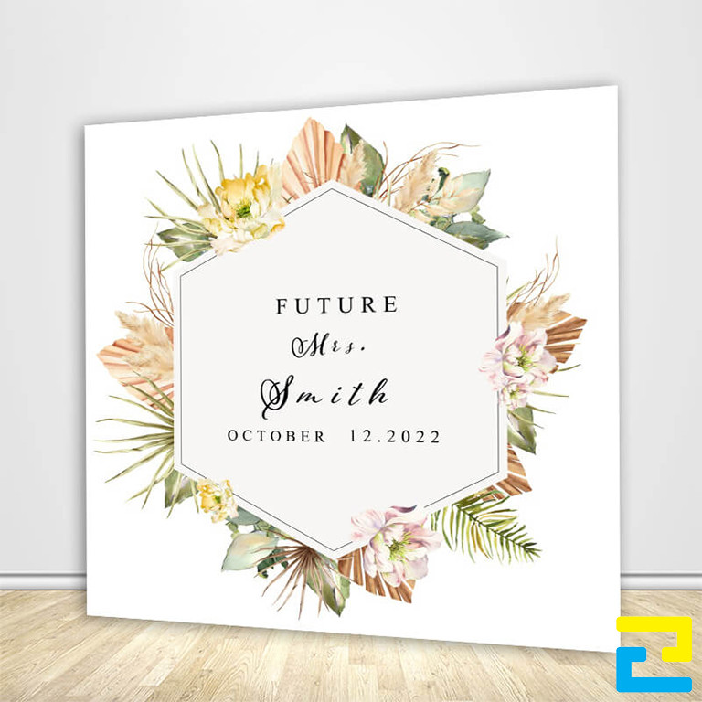 Mẫu 13: Background lễ cưới được thiết kế với kiểu chữ đơn giản - nghệ thuật có kích thước hợp lý, phông nền có viền hoa lá đẹp mắt