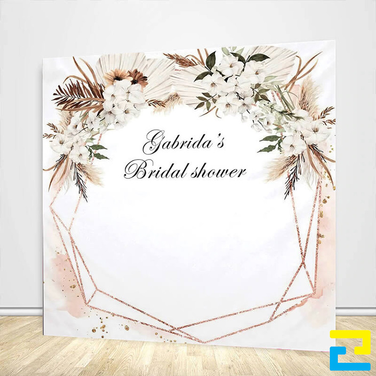 Mẫu 15: Background lễ cưới khổ lớn có kiểu chữ nghệ thuật, kết hợp với viền hoa lá đẹp bắt mắt, có tông màu trắng tinh khôi