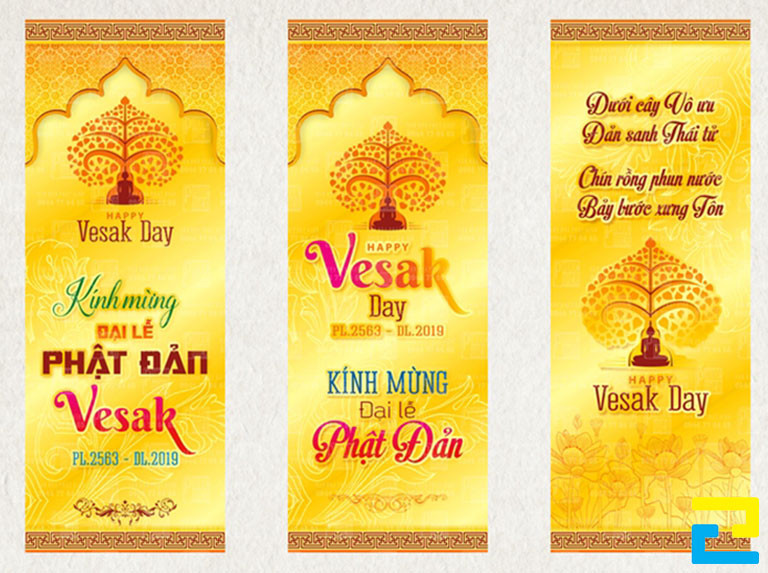 Mẫu 1: Ba mẫu băng rôn dọc có tông màu vàng chủ đạo, có kiểu chữ nghệ thuật - đơn giản, hình ảnh minh họa được thiết kế đẹp mắt