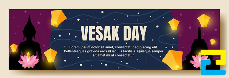 Mẫu 13: Băng rôn có tông màu tím - xanh, có hình ảnh như: Đức Phật, hoa sen, lồng đèn được thiết kế với bố cục hợp lý, bandroll có kiểu chữ đơn giản
