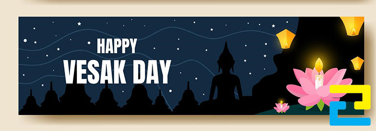 Mẫu 14: Băng rôn có hình ảnh chùa, hình ảnh Đức Phật, hình ảnh hoa sen, lồng đèn được thiết kế với bố cục hợp lý, bandroll có tông màu xanh đẹp mắt