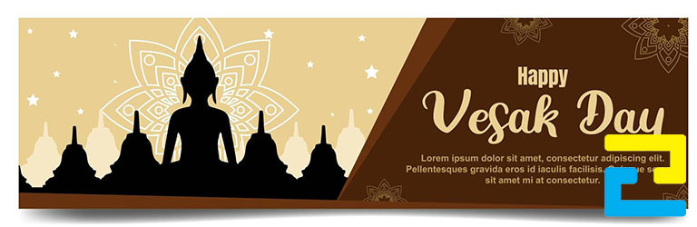 Mẫu 20: Băng rôn có hình ảnh hoa sen trang trí đẹp mắt, hình ảnh Đức Phật, hình ảnh chùa được thiết kế với bố cục hợp lý, bandroll có tông màu nâu chủ đạo