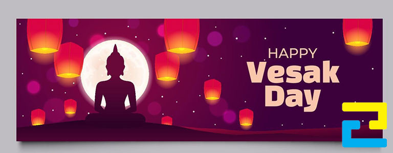 Mẫu 25: Băng rôn có hình ảnh lồng đèn, hình ảnh Đức Phật được thiết kế với bố cục hợp lý, bandroll có tông màu tím chủ đạo đẹp bắt mắt