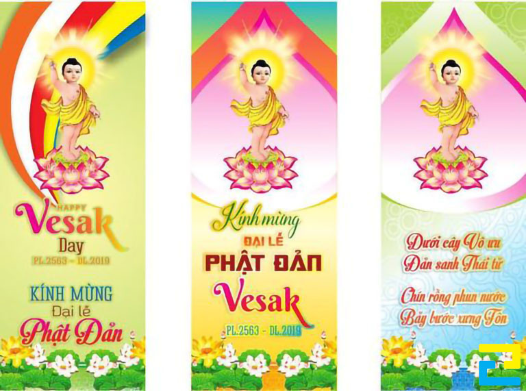 Mẫu 3: Ba mẫu băng rôn có hình ảnh Đức Phật, hình ảnh hoa trang trí đẹp mắt, bandroll có kiểu chữ đơn giản - nghệ thuật, màu sắc được phối hợp lý