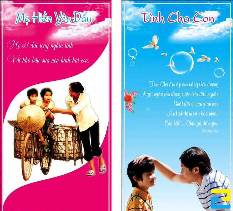Mẫu 3: Hai mẫu bandroll mừng lễ Vu Lan báo hiếu có hình ảnh bậc cha mẹ và con, có tông màu hồng - xanh dương đẹp mắt