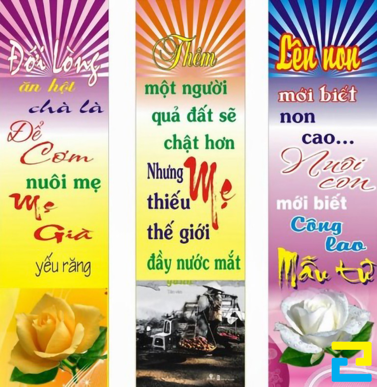 Mẫu 4: Ba mẫu băng rôn được thiết kế những câu thơ có kiểu chữ đơn giản - nghệ thuật, kết hợp với hình ảnh hoa, hình ảnh người mẹ