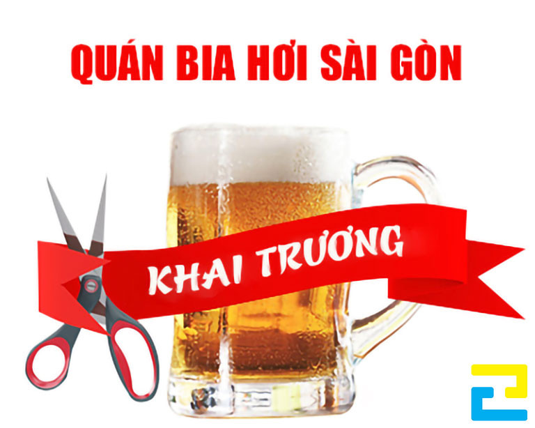 Mẫu 15: Mẫu băng rôn chào mừng khai trương quán bia được thiết kế đơn giản, có hình ảnh minh họa: Ly bia, kéo cắt ruy băng khai trương đẹp mắt