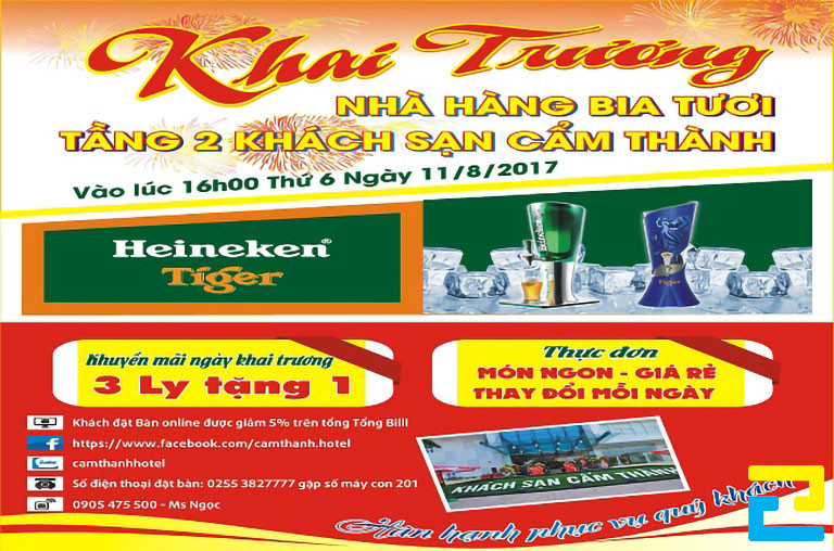 Mẫu 7: Băng rôn được thiết kế với đầy đủ thông tin như: Thông tin khuyến mãi, thực đơn, tên quán, địa chỉ quán, số điện thoại liên hệ, trang mạng xã hội của quán,...