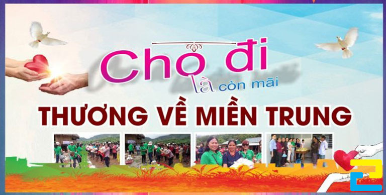 Mẫu 12: Băng rôn có thông điệp hoạt động từ thiện được thiết kế với kiểu chữ đơn giản, có hình ảnh hoạt động từ thiện, bandroll có tông màu xanh dương đẹp mắt