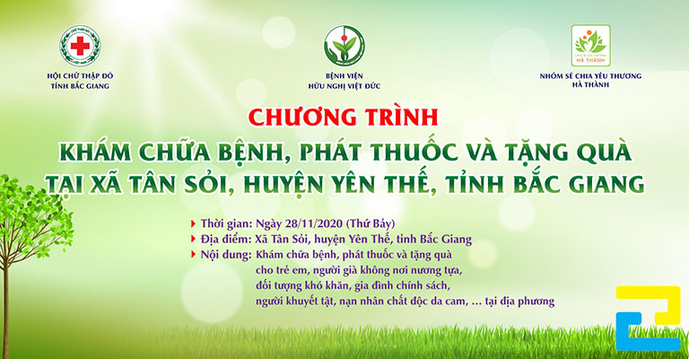 Mẫu 17: Băng rôn có thông tin về hoạt động từ thiện được thiết kế đầy đủ, logo của đơn vị tổ chức hoạt động được thiết kế ở vị trí hợp lý, bandroll có tông màu xanh lá đẹp mắt