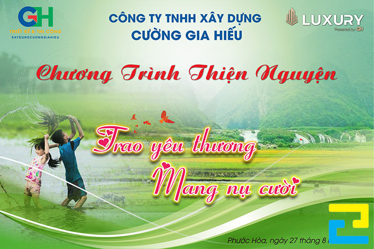 Mẫu 6: Băng rôn có thông điệp hoạt động thiện nguyện được thiết kế với kiểu chữ nghệ thuật, bandroll có tông màu xanh lá cây, hình ảnh minh họa đẹp mắt