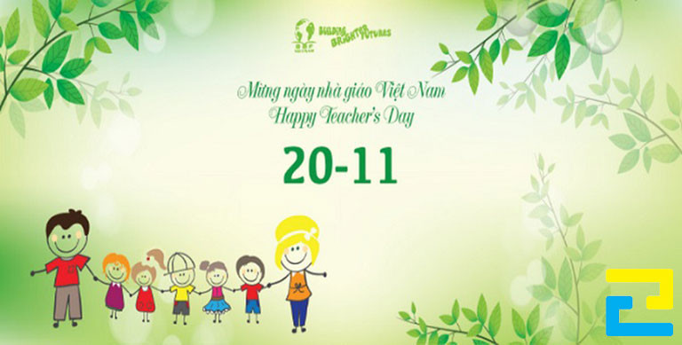 Mẫu 12: Băng rôn chào mừng ngày Nhà Giáo Việt Nam được thiết kế tối giản, hình ảnh giáo viên và các em học sinh được thiết kế với bố cục hợp lý