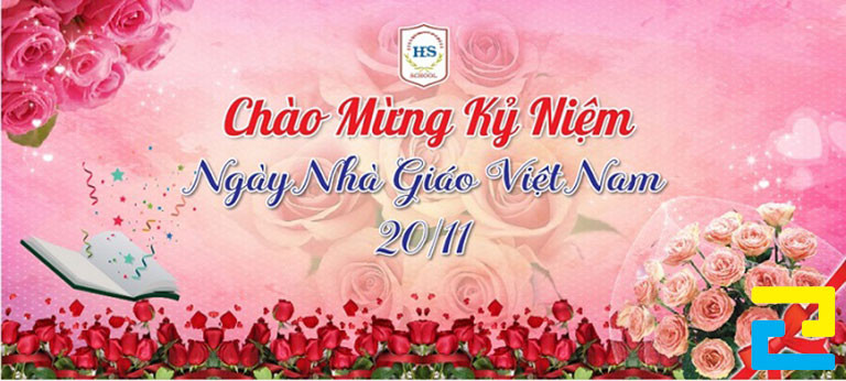 Mẫu 14: Băng rôn có tông màu hồng chủ đạo, thông điệp chào mừng ngày Nhà Giáo Việt Nam được thiết kế với kiểu chữ nghệ thuật, bandroll có viền hoa đẹp mắt