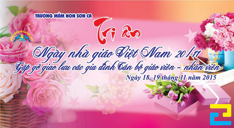 Mẫu 15: Băng rôn có thông điệp chào mừng ngày Nhà Giáo Việt Nam được thiết kế với kiểu chữ nghệ thuật, có hình ảnh bông hoa làm nền đẹp mắt