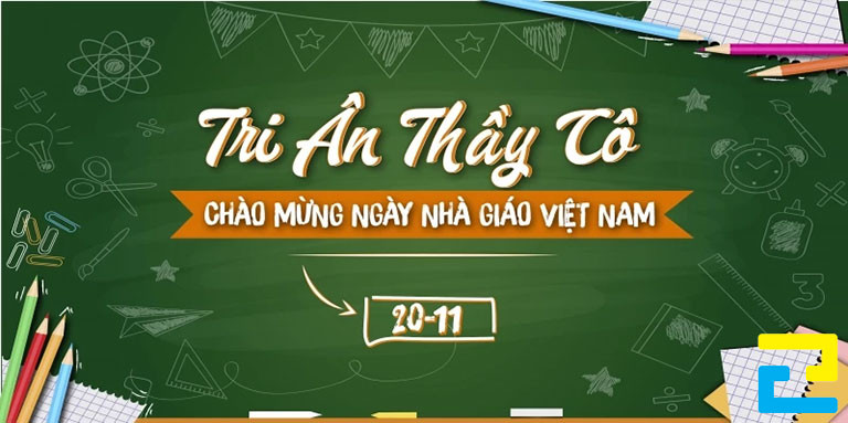 Mẫu 17: Băng rôn có thiết kế tối giản, có hình ảnh bút, vở trang trí, thông điệp chào mừng ngày Nhà Giáo Việt Nam được thiết kế với kiểu chữ đơn giản - nghệ thuật