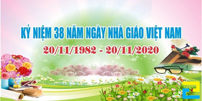 Mẫu 18: Băng rôn có thông điệp kỷ niệm ngày Nhà Giáo Việt Nam được thiết kế với kiểu chữ đơn giản, có hình ảnh hoa, hình ảnh sách vở trang trí đẹp mắt