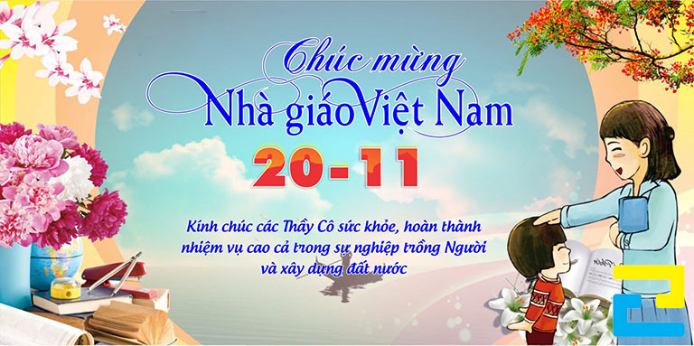 Mẫu 9: Băng rôn chúc mừng ngày Nhà Giáo Việt Nam được thiết kế với tông màu xanh dương - vàng, có kiểu chữ đơn giản - nghệ thuật