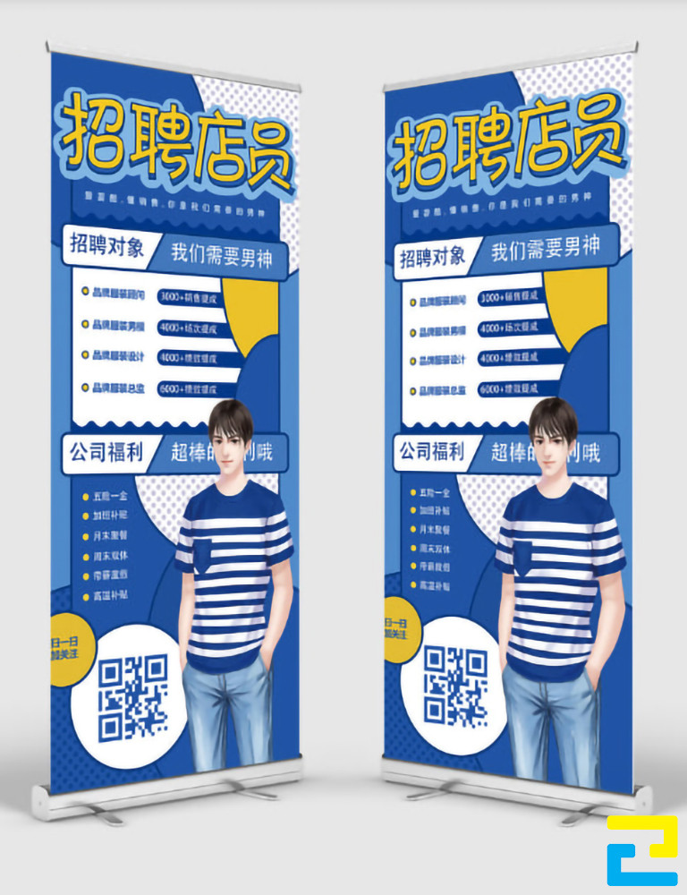 Mẫu 13: Standee quảng cáo thời trang được thiết kế với tông màu xanh dương nhạt - xanh dương đậm, có hình ảnh người mẫu thời trang