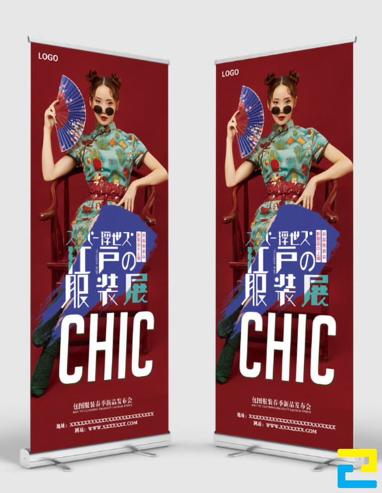 Mẫu 2: Standee được thiết kế với tông màu đỏ chủ đạo nổi bật, có hình ảnh người mẫu quảng cáo thời trang, kết hợp với kiểu chữ đơn giản