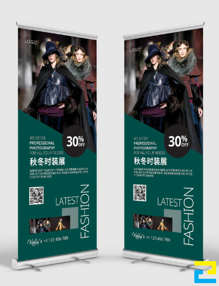 Mẫu 5: Standee được thiết kế với hình ảnh người mẫu quảng cáo thời trang, có tông màu xanh trầm, kết hợp với kiểu chữ đơn giản