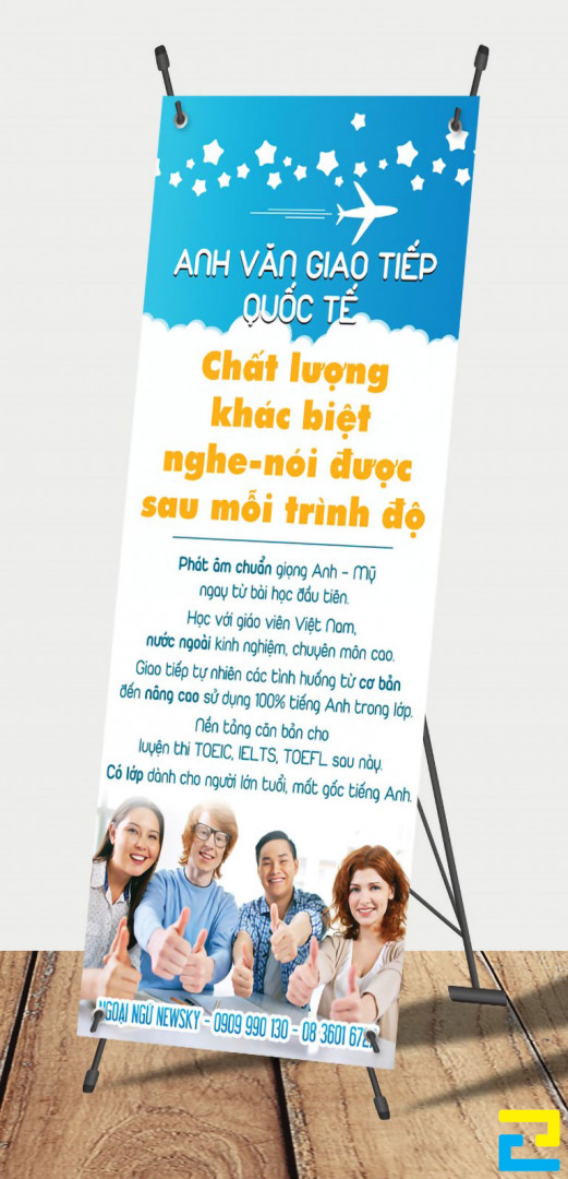 Công Ty In Ấn Quảng Cáo 2H có nhận sản xuất standy trung tâm tiếng Anh với số lượng nhiều, từ 10 standee trở lên