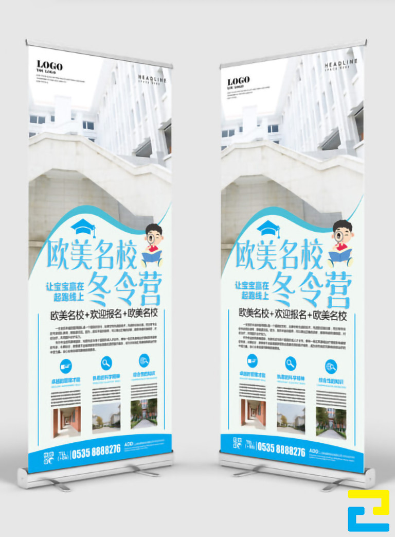 Mẫu 10: Standee có hình ảnh minh họa ngôi trường, nội dung tuyển sinh được thiết kế đầy đủ, standee có tông màu xanh dương nhạt đẹp mắt