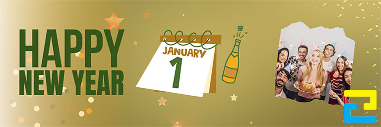 Mẫu 22: Băng rôn có kiểu chữ đơn giản, có hình ảnh minh họa như: Hình ảnh cuốn lịch, hình ảnh những người tham gia tiệc tất niên,... được thiết kế đẹp bắt mắt