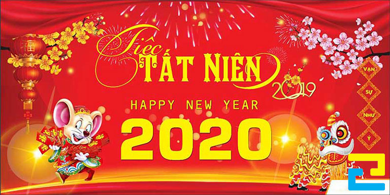 Mẫu 30: Băng rôn có hình ảnh con giáp, hình ảnh hoa mai, hoa đào, hình ảnh múa lân,... được thiết kế đẹp bắt mắt, bandroll có tông màu đỏ chủ đạo, có kiểu chữ nghệ thuật - đơn giản