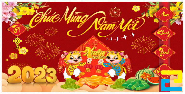 Mẫu 37: Băng rôn có những hình ảnh như: Hình ảnh bánh chưng, con giáp, hình ảnh hoa mai, hoa đào,... đẹp mắt, bandroll có kiểu chữ nghệ thuật