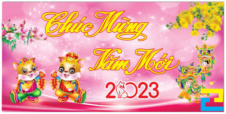 Mẫu 40: Băng rôn có tông màu hồng chủ đạo, bandroll có kiểu chữ nghệ thuật, có hình ảnh con giáp, hình hoa đào, hoa mai,... đẹp bắt mắt