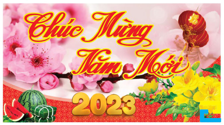 Mẫu 41: Băng rôn có kiểu chữ đơn giản - nghệ thuật, có tông màu hồng - đỏ, hình ảnh hoa đào, hoa mai, lồng đèn, dưa hấu,... được thiết kế đẹp mắt