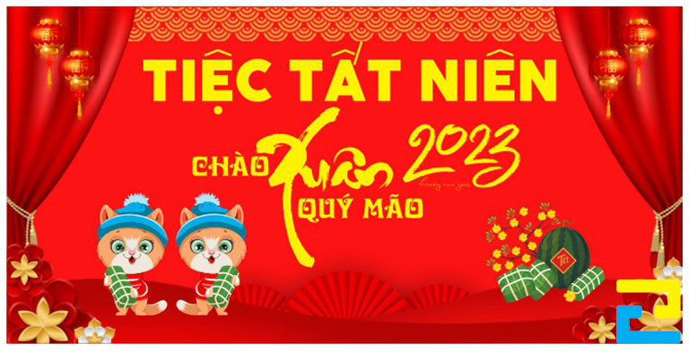 Mẫu 45: Băng rôn có kiểu chữ đơn giản - nghệ thuật đẹp mắt, bandroll có những hình ảnh đẹp mắt như: HÌnh ảnh lồng đèn, hình ảnh con giáp, bánh chưng,...