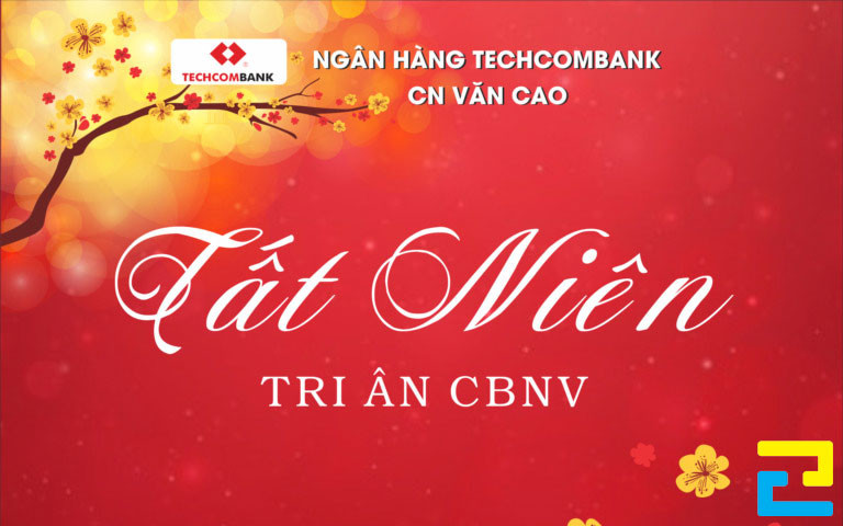 Mẫu 49: Băng rôn có tông màu đỏ chủ đạo, có kiểu chữ đơn giản, kết hợp với kiểu chữ nghệ thuật đẹp mắt, hình ảnh hoa mai được thiết kế với bố cục hợp lý