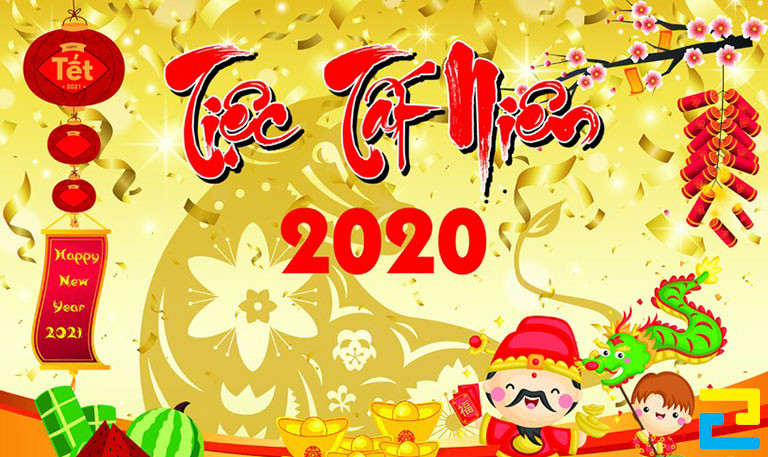 Mẫu 6: Băng rôn có tông màu vàng chủ đạo, hình ảnh con giáp, Thần Tài, lồng đèn, cây đào,... được thiết kế đẹp bắt mắt, bandroll có kiểu chữ đơn giản - nghệ thuật